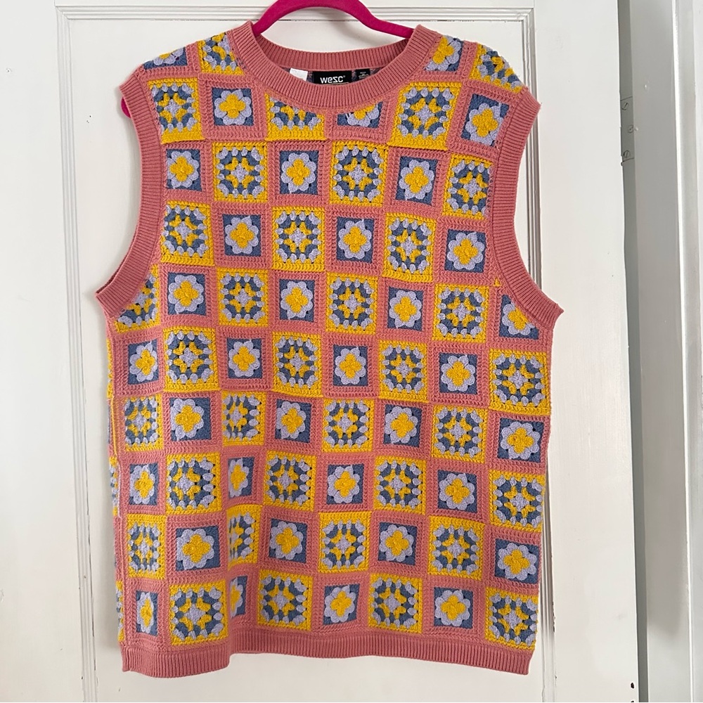 WESC Crochet Sweater Vest Granny Square Pink Blue Sleeveless Spring Unisex